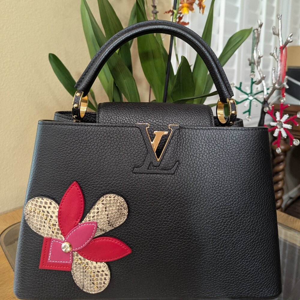 LOUIS VUITON black and applique flower leather crossbody bag